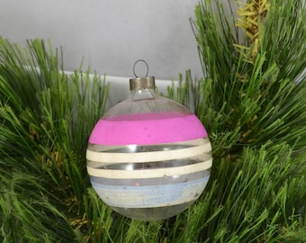 Vintage Unsilvered Glass Ball Christmas Ornament, Pink White And Blue Stripe Clear Glass Ornament Made In USA