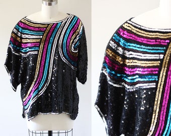 1980s rainbow sequin top // 1980s black sequin shirt // vintage sequin top