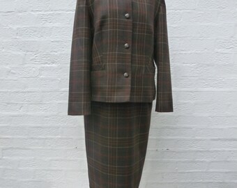 Ladies suit jacket & skirt wool clothing women's office suit 1980s vintage secretary suit brown tartan women UK16 skirt and jacket Equorian.
