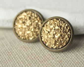 Gold Druzy STUD Earrings or Druzy CLIP on earrings Gold Druzy Earrings Druzy Post Druzy Jewelry 12mm or 8mm fake plugs Faux Druzy plug E509
