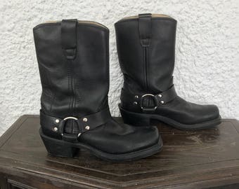 1990s 90s Vintage Black Motorcycle Biker Boots w Harness / Women's Solid Black Leather Western Cowgirl Mid Calf Boots Shoes / 6.5 US Womens