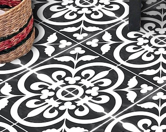 Vinyl Floor Tile Sticker - Floor decals - Carreaux Ciment Encaustic Corona Tile Sticker Pack in Black