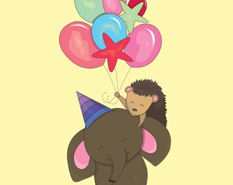 happy Birthday, birthday card, postcard with elephant,card with a hedgehog