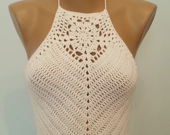 Crochet Halter Top, Crop Top, Crochet Festival Top, White Top, Sumer Top, Woman's top, Gift for Her, Retro Top, Vintage Style, Hippie Style