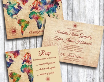 Travel Themed Wedding Invitation with RSVP Card