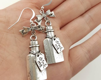 Alice in Wonderland Drink Me Earrings, Drink Me Bottle With Bows, Alice in Wonderland Jewelry