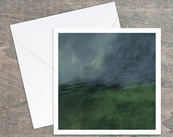 Greeting card, original abstract drawing, blue green black yellow, 5,25x5,25, white interior. Satin cardboard, high quality, envelope.