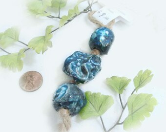 handmade rustic beads - pottery blue beads - artisan ceramic beads - ceramic clay beads, large clay beads ,handmade chunky beads, # 67