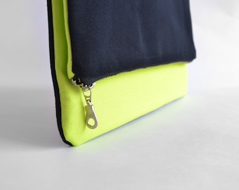 Fold Over Clutch bag in Neon Green and Navy blue