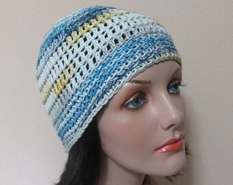 Cotton Crocheted Hat, Spring Beanie, Summer Hat, Blue White Yellow Crochet Beanie