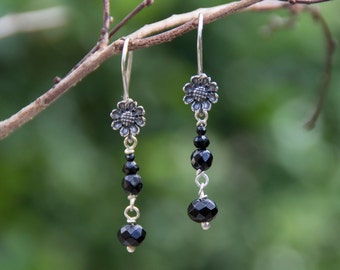 Black Onyx and Silver Sterling Flower Earrings