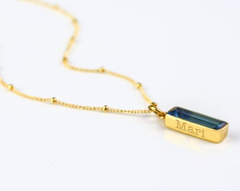 Adira Series Dainty Kyanite Bar Necklace, Gold Gemstone Vertical Bar Necklace, Secret message Bridesmaid gift, September Birthstone Bar