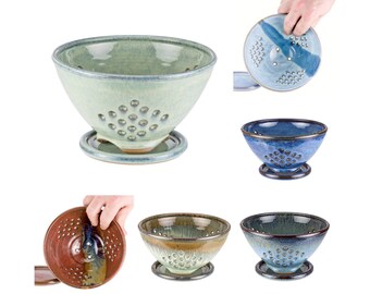 Small pottery berry bowl in your choice of glaze. Wheel thrown berry bowl with plate. MADE TO ORDER (6wks) / colander / strainer