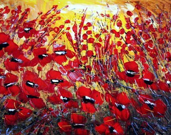 FIELD of RED POPPIES Original Impasto Palette Knife Oil Painting on Canvas