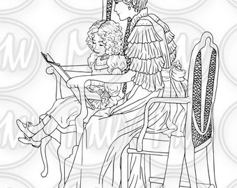 Mother & Child, Printable Coloring Page, Digital Stamp, Black, white illustration Coloring Book, Instant download, Line Art, Wall Art #033