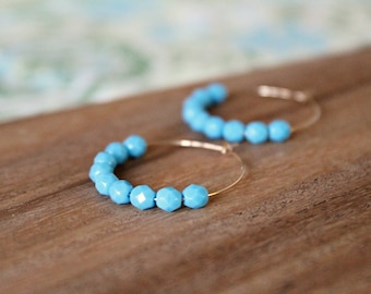 gold filled bright blue czech glass hoop earrings