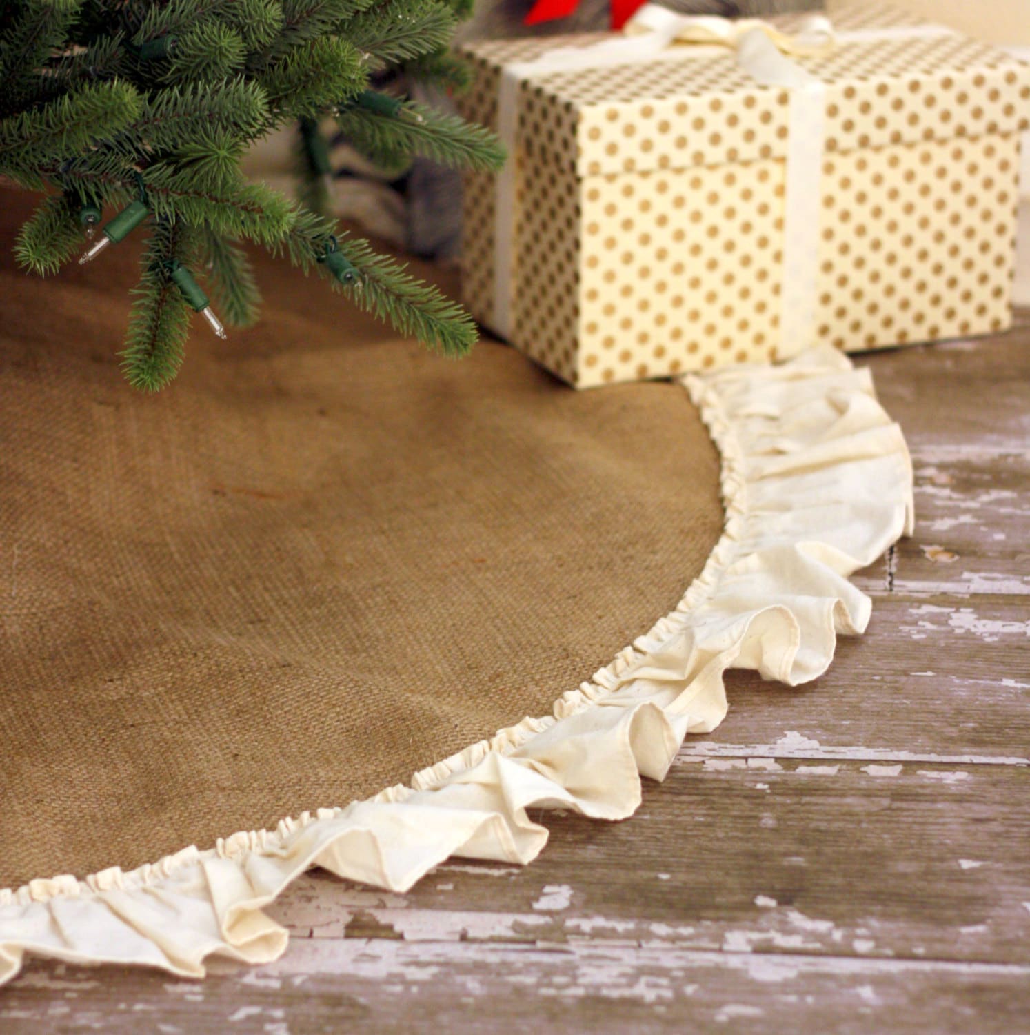 Natural Burlap Christmas Tree Skirt with Hemmed Ruffle Fully