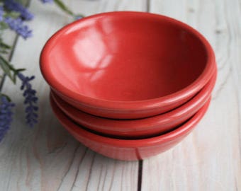 Satin Red Prep Bowls Set of Three Small Ceramic Stoneware Kitchen Bowls Ready to Ship Made in USA