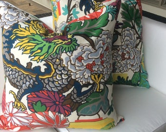 Schumacher Pillow Cover in Chiang Mai Dragon Alabaster Linen, A Pair