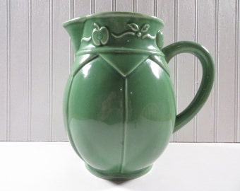 Large Water Pitcher Dark Celadon Green With Apple Motif