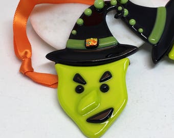 Witch Ornament – Green and Black Fused Glass