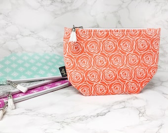 Makeup Bag - Mothers Day Gift - Cosmetic Bag- Best Friend Gift - Toiletry Bag - Rose Print - Girly Gift- Orange Floral
