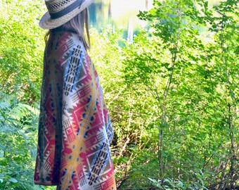Wool Blanket Red Gold Natural White Sponge Weight Throw Native American Inspired Design