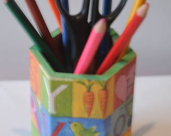 hexagonal wooden pencil holder