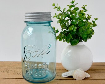 Vintage Ball mason jar with zinc lid; blue Ball perfect mason jar; 1 quart mason jar; blue Ball mason jar with lid