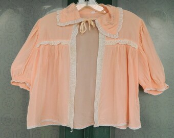 Vintage Pink Silky Nylon & Lace Bed Jacket