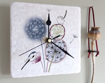 Dandelion And Birds Marble Clock, Home decor, Decorative clock, Gift for her, Unique wall clock, Square Wall Clock, Dandelion Wall Clock