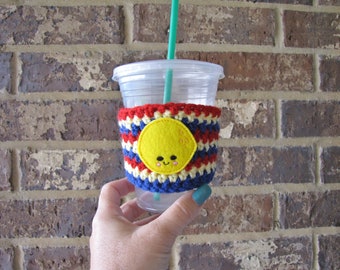 Lemon Cup Cozy, Crochet Cup Cozy, Coffee Sleeve, Feltie, Striped Cozy, Reusable Cozy, Summer Cup, Knit Cozy, Tea Cup Cozy, Coffee Cover,
