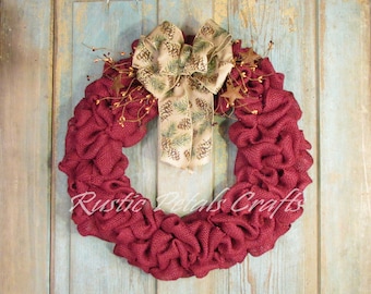 Burgundy Burlap Wreath with Pinecone Ribbon and Berries