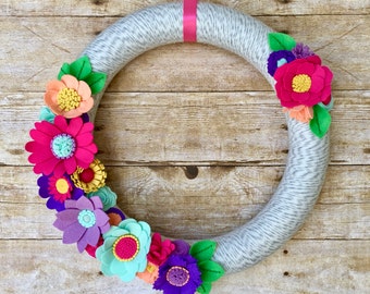 Spring Felt Flower Wreath, Felt Flower Wreath, Summer Felt Wreath