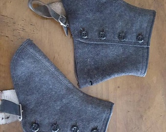 SPATS Antique Wool Spats*Button Closure*Mens Spats*Leather Straps*Silver Buckles*Gray Charcoal Wool