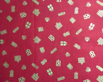 Gold Metallic Presents on Christmas Red Background, 100% Cotton