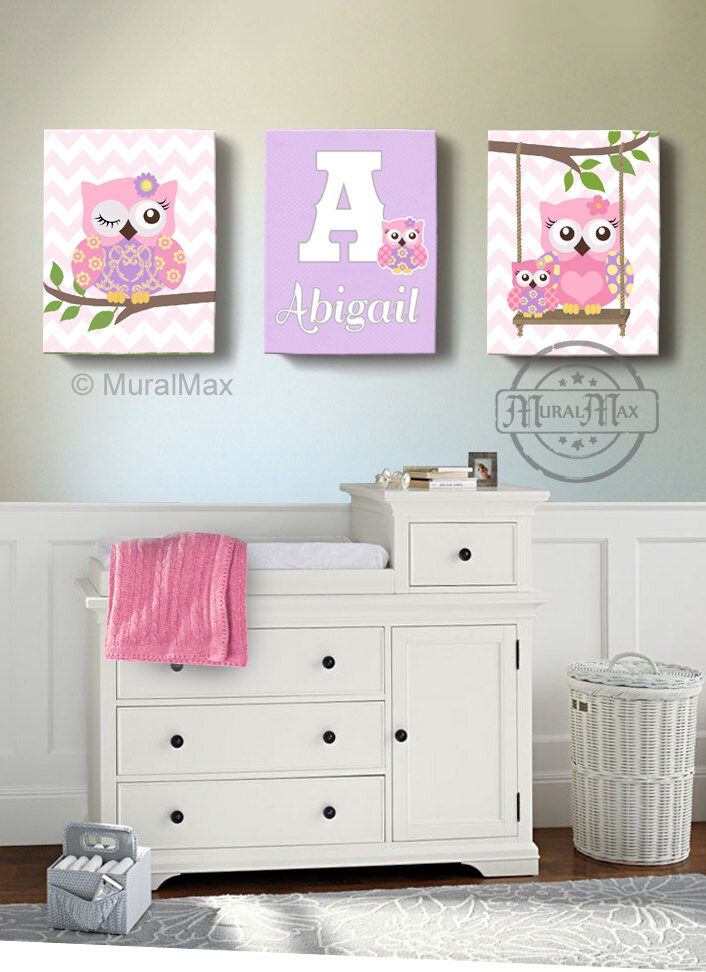 Pink and Purple Girl Nursery wall art OWL canvas art Baby
