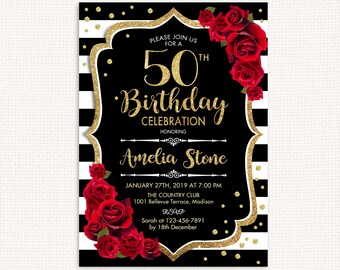 50th birthday invite etsy red black and white birthday invitations