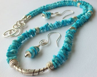 Sleeping Beauty Turquoise Necklace and Earrings set with Tribe Hills Sterling Silver