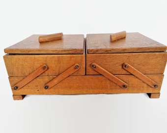 Vintage wooden sewing box, Wood Folding Storage box, Sewing supply storage, French Sewing Box