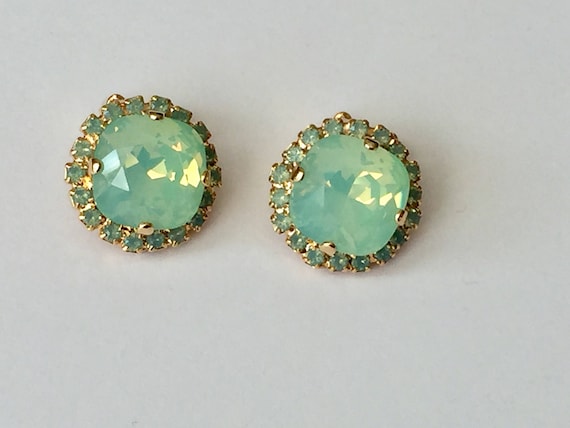 Chrysolite Opal and Pacific Opal Swarovski Crystal Clip On Earrings, Yellow Gold