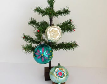 Christmas Ornaments Set of Three Fancy Mercury Glass Balls West German Indents and Mica Glitter Flower Made in USA
