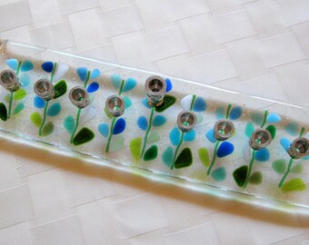 Hanukkah Menorah Glass, Fused Glass Menorah, Blooming Branches Hanukkah Candles in Blue and White, Chanukia, Jewish Wedding Glass Gift