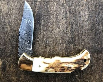 Hand Forged Deer Antler Damascus Steel Pocket Knife- Gift For Guy