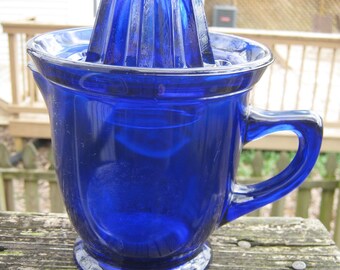 Cobalt Blue Citrus Reamer And Pitcher Set, 2 Piece Set, Westmoreland Reproduction, 7 1/4 Inches High, 5 Inch Diameter, Vintage Kitchenware,
