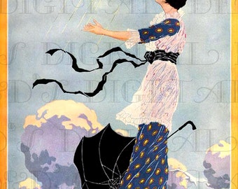 APRIL Showers Once Again! Vintage ILLUSTRATION Digital Vintage Art Deco Flapper Illustration Download.