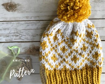 Knitting Pattern, Fair Isle Beanie, Bulky Knit Pattern, Knit Hat Tutorial, Women Hat Pattern, Stranded Knitting, Fitted Beanie, Diamond Hat