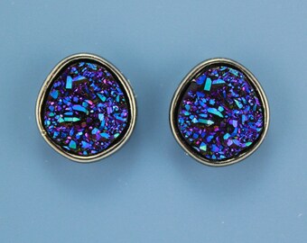 Handmade Blue Drusy Quartz Magnetic Clip Non Pierced Earrings