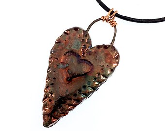 Clay Heart Raku-Fired Pendant Leather Cord Necklace
