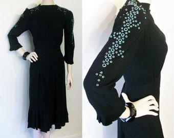 Amazing 1940s rayon crepe dress w/aqua bubbles riveted trim bust 34"/35"